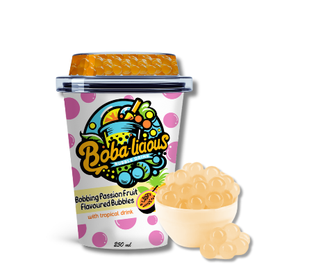 Bobalicious passion fruit flavored bubbles with tropical drink in a cup.